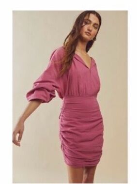 Free People Rose Pink Ruched V-Neck Mini Dress
